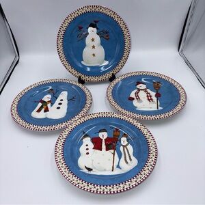 Debbie Mumm Sakura Snowman Christmas Dessert Salad Plates 8 1/4” Set of 4